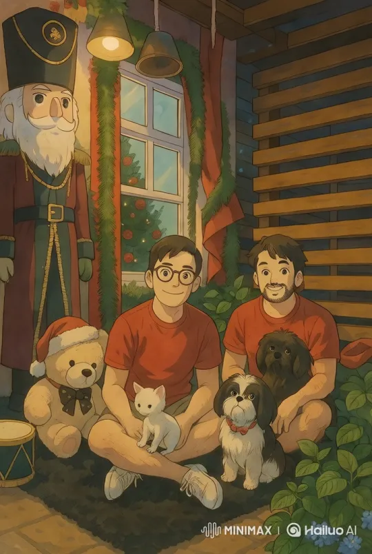 Cozy Christmas Scene with Men, Pets, and Decorations – AI Generated Video | Hailuo AI