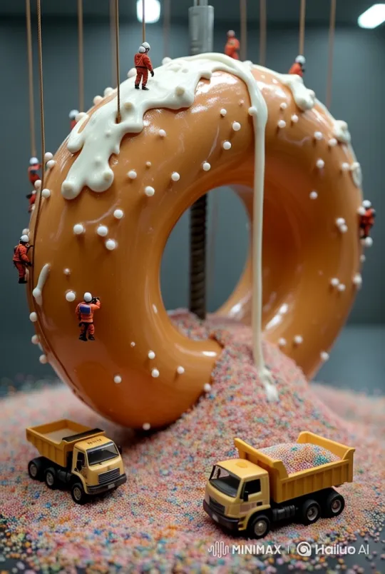Tiny Workers Climb Giant Icy Donut in Cinematic Live2D Animation – AI Generated Video | Hailuo AI