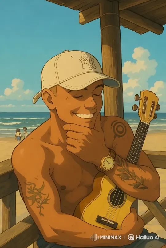 Young Man Plays Ukulele on Dusk Beach, Evoking Memories – AI Generated Video | Hailuo AI