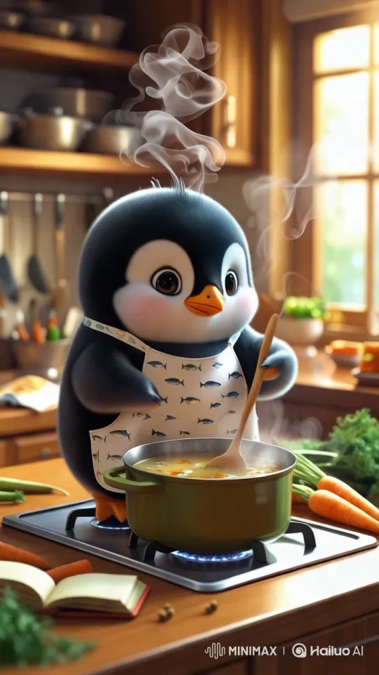 Cute Penguin Chef Prepares Soup in Cozy Kitchen – AI Generated Video | Hailuo AI