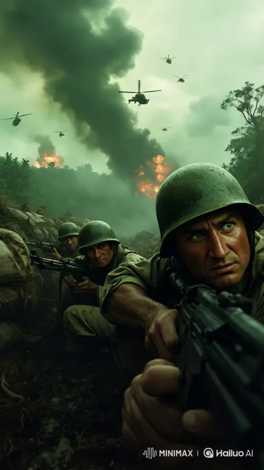 Soldiers in Trench Amid Helicopters and Jungle Explosions – AI Generated Video | Hailuo AI