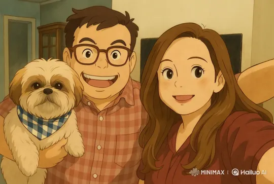 Couple with Dog Smiling in Cozy Room Setting – AI Generated Video | Hailuo AI