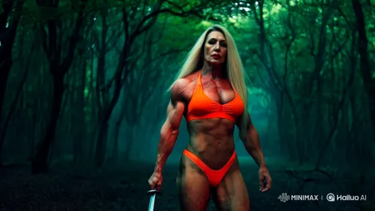 Russian Bodybuilder in Orange Bikini Dominates Dark Forest – AI Generated Video | Hailuo AI