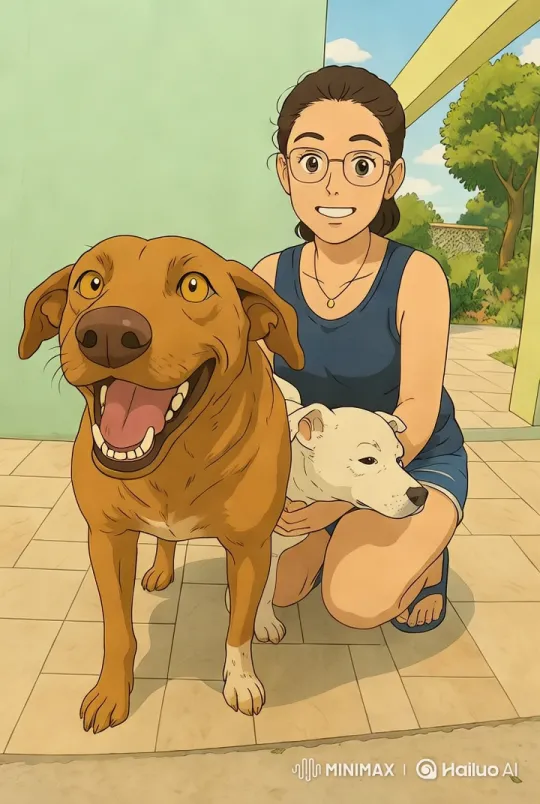 Woman and Dogs Bond on Colorful Patio – AI Generated Video | Hailuo AI