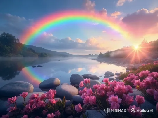 Tranquil Landscape with Rainbow Over Reflective River – AI Generated Video | Hailuo AI