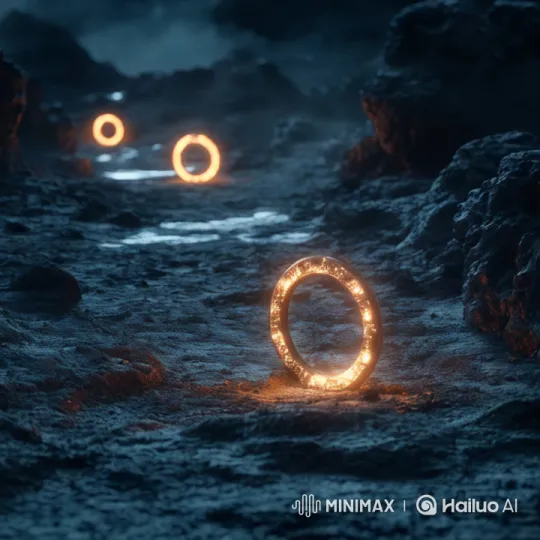 Mysterious Glowing Rings in Dark Misty Landscape – AI Generated Video | Hailuo AI
