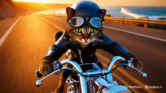 Tabby Cat's Motorcycle Adventure with Vintage Bike and Coastal Views – AI Generated Video | Hailuo AI