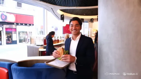 Urban Man Savors Burger in Stylish Diner – AI Generated Video | Hailuo AI