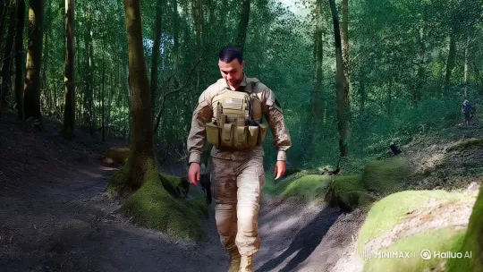 Military Man's Determined Walk Through Enchanted Forest – AI Generated Video | Hailuo AI