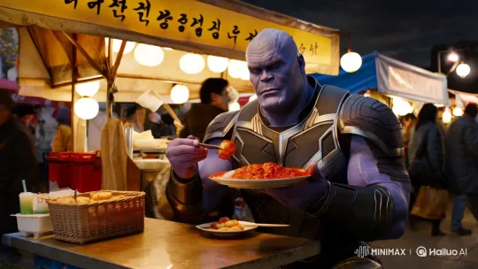 Thanos Savors Tteokbokki at Bustling Night Market – AI Generated Video | Hailuo AI