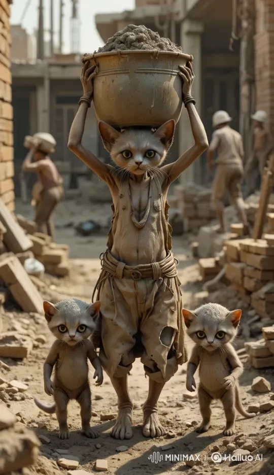 Frail Cat and Kittens Work as Construction Workers – AI Generated Video | Hailuo AI