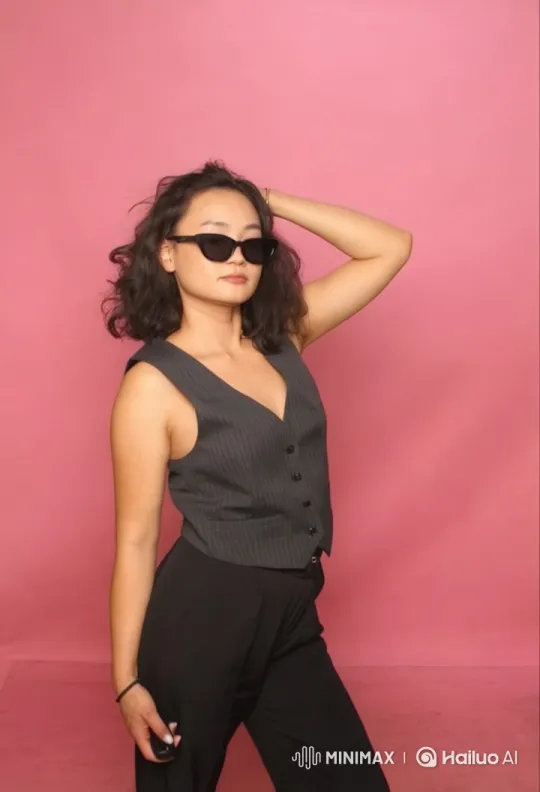 Live2D Animation: Dynamic Camera Approach on Woman in Gray Vest – AI Generated Video | Hailuo AI