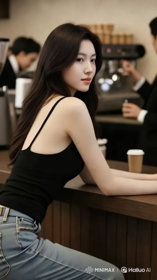 Model Showcases Coffee in Stylish Café Setting – AI Generated Video | Hailuo AI