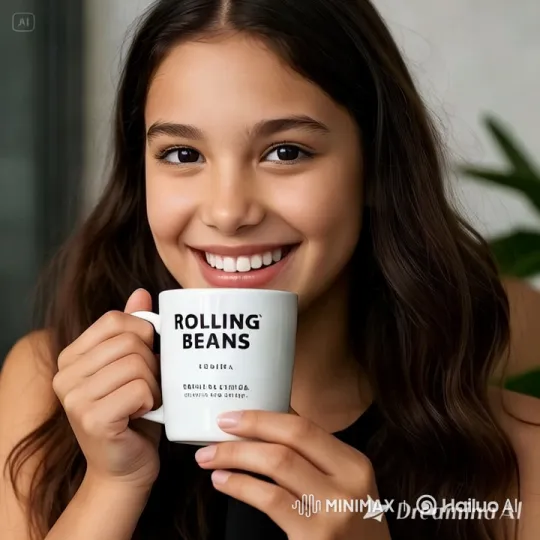 Joyful Girl Sips Rolling Beans Coffee in Serene Setting – AI Generated Video | Hailuo AI