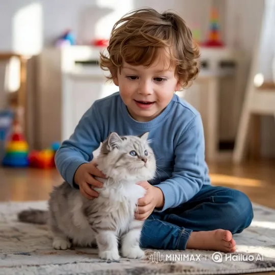 Child and Kitten Bonding in Cozy Room – AI Generated Video | Hailuo AI