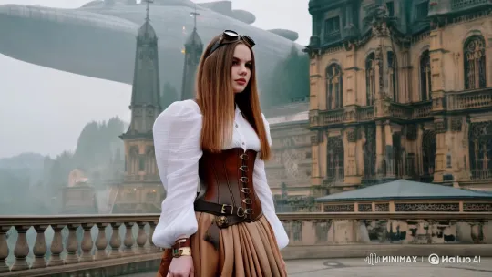 Steampunk Woman Prepares for Adventure on Foggy City Terrace – AI Generated Video | Hailuo AI