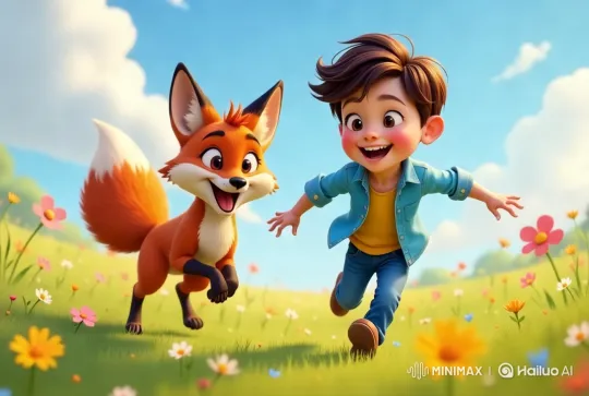 Fox and Boy Run Joyfully Through a Colorful Meadow – AI Generated Video | Hailuo AI