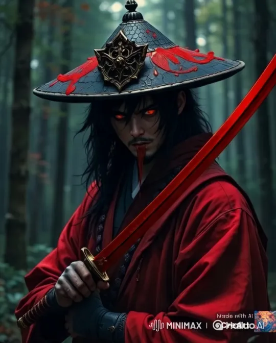 Mysterious Figure in Red Robe with Katana in Foggy Forest – AI Generated Video | Hailuo AI