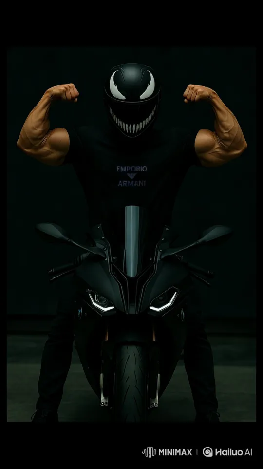 Venom Helmeted Model Poses on Motorcycle – AI Generated Video | Hailuo AI