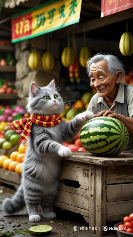 Fluffy Cat Plays with Watermelon in Vibrant Market – AI Generated Video | Hailuo AI