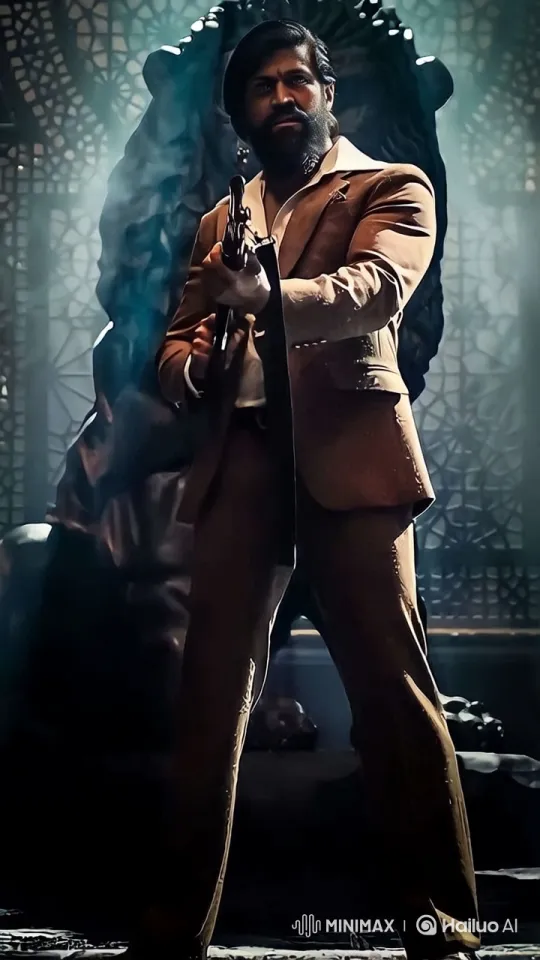 Powerful Man in Brown Suit with Weapon Amidst Dramatic Setting – AI Generated Video | Hailuo AI