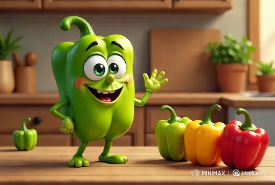 Animated Green Pepper Greets from a Cozy Kitchen – AI Generated Video | Hailuo AI