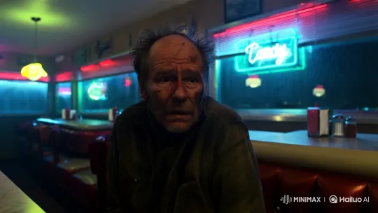 Diner Scene: Man Eats Cursed Hotdog Amidst Foreboding Mood – AI Generated Video | Hailuo AI