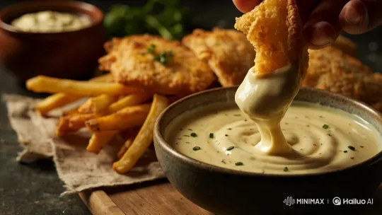 Rustic Tabletop: Garlic Aioli and French Fries Seduction – AI Generated Video | Hailuo AI