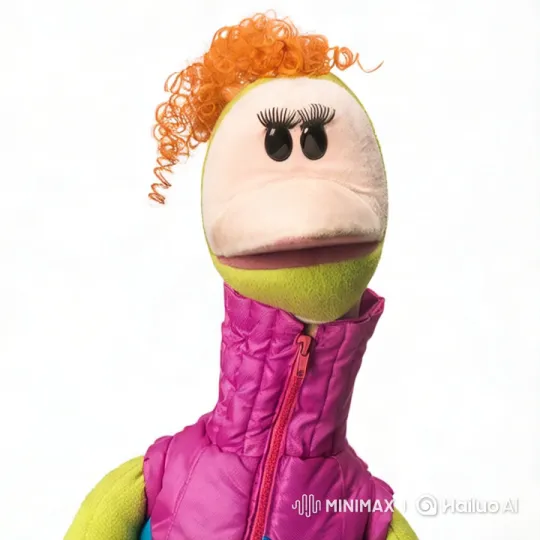 Green-Faced Puppet Pulls Out Phone in White Background Video – AI Generated Video | Hailuo AI