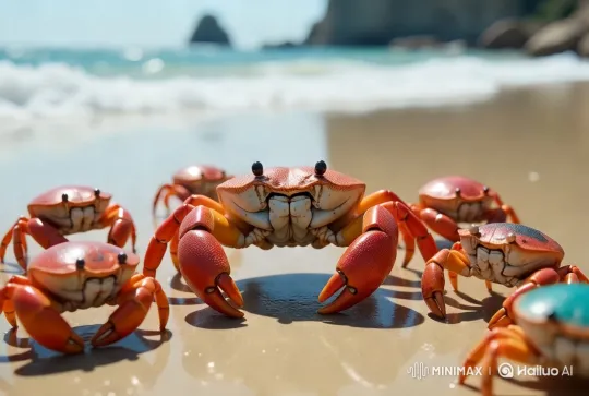 Red Crabs on a Tranquil Beach – AI Generated Video | Hailuo AI
