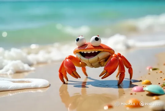 Animated Crab's Colorful Walk on a Vibrant Beach – AI Generated Video | Hailuo AI