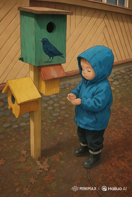 Ghibli-Style Animated Scene: Child and Bluebird Interaction – AI Generated Video | Hailuo AI