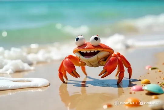 Vibrant Orange Crab on a Colorful Beach – AI Generated Video | Hailuo AI