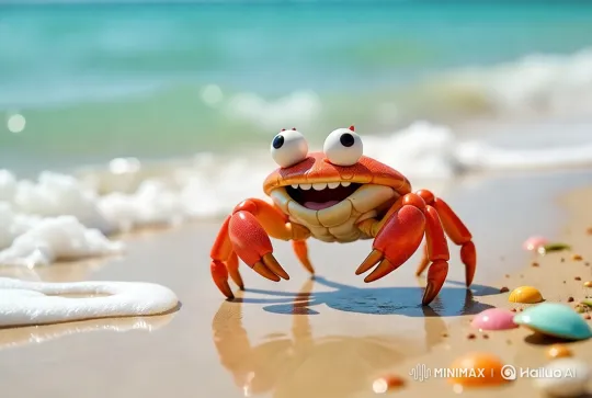 Vibrant Crab on a Sunlit Beach Landscape – AI Generated Video | Hailuo AI
