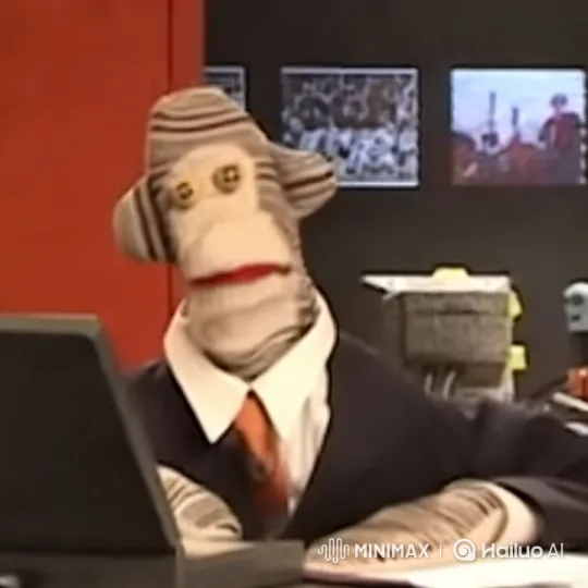 Suit-Wearing Puppet Engages with Laptop in Office Setting – AI Generated Video | Hailuo AI