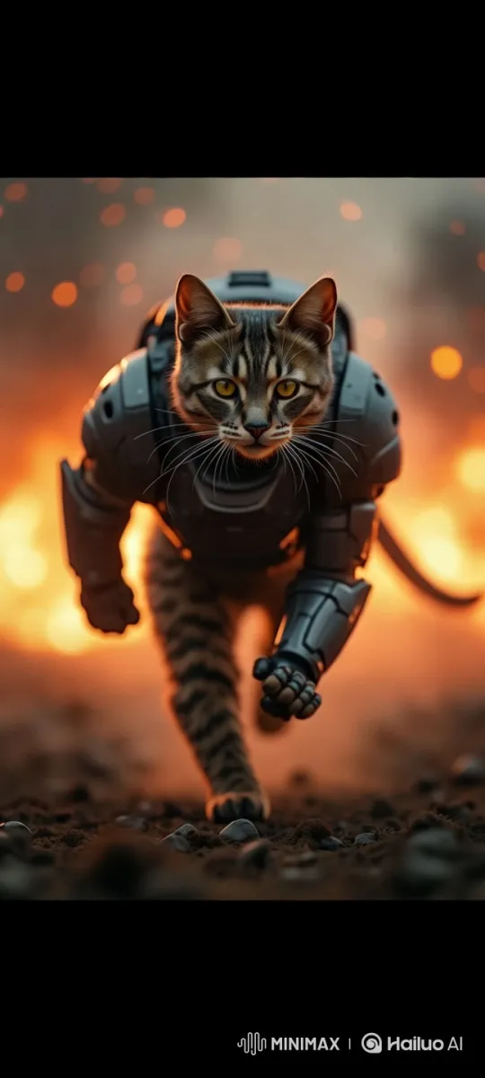 Futuristic Armored Cat Advances Through Fiery Battlefield – AI Generated Video | Hailuo AI
