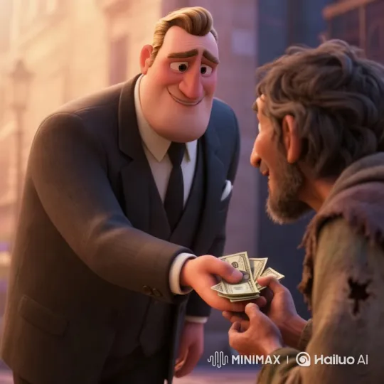Generous Act Between Two Men on Cobblestone Street – AI Generated Video | Hailuo AI