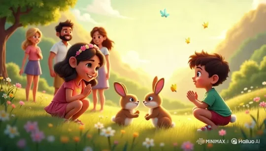 Children and Rabbits in Enchanted Meadow – AI Generated Video | Hailuo AI