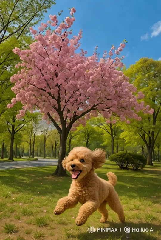Puppy Joyfully Explores Blossoming Park – AI Generated Video | Hailuo AI
