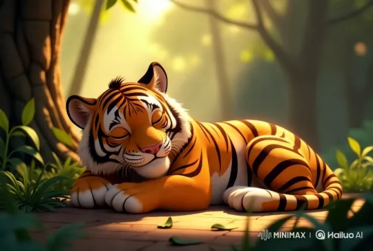 Tranquil Tiger Rests in Golden Forest Glade – AI Generated Video | Hailuo AI