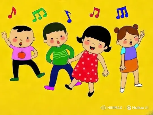 Animated Children Dancing Cheerfully Against Yellow Background – AI Generated Video | Hailuo AI