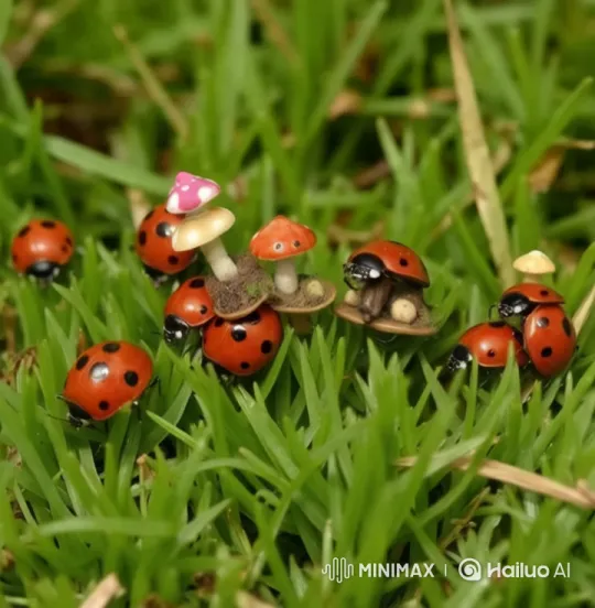 Enchanted Ladybugs with Mushroom Houses on Green Grass – AI Generated Video | Hailuo AI
