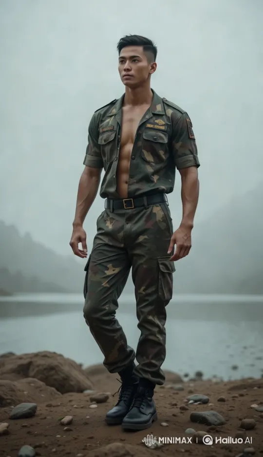 Soldier Showcases Strength in Dramatic Rainy Landscape – AI Generated Video | Hailuo AI