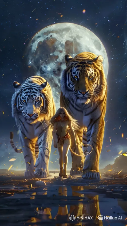 Night Stroll: Woman and Tigers Under Moonlight – AI Generated Video | Hailuo AI