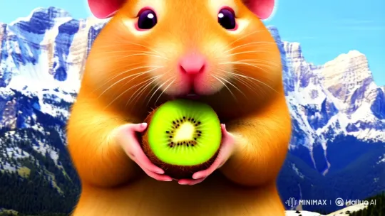 Large Orange Hamster Enjoying Kiwi Amidst Snowy Mountains – AI Generated Video | Hailuo AI