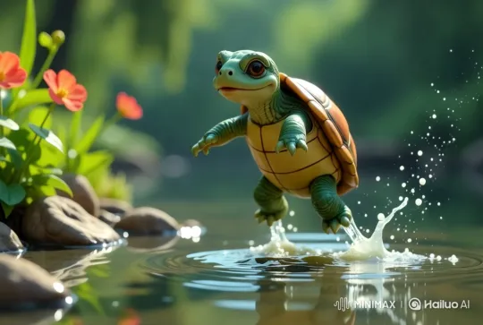 Vibrant Turtle Leaps in Serene Pond Ecosystem – AI Generated Video | Hailuo AI