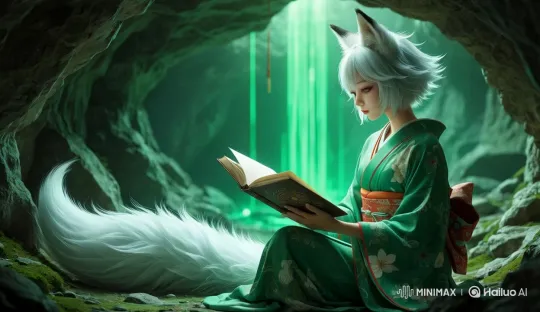 Mystical Figure Reads Ancient Book in Enchanted Cave – AI Generated Video | Hailuo AI