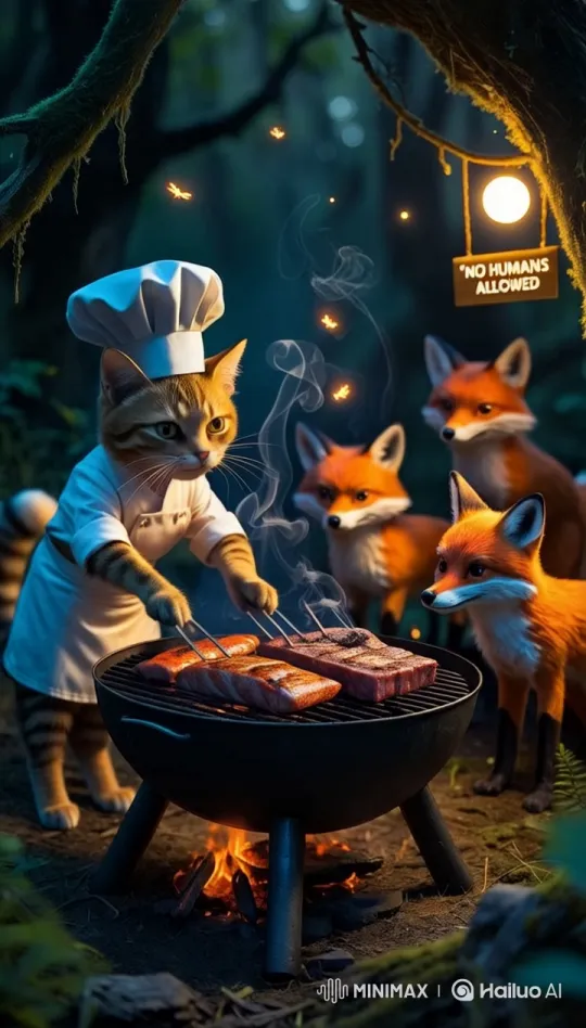 Magical Forest BBQ: Tabby Chef & Curious Foxes – AI Generated Video | Hailuo AI