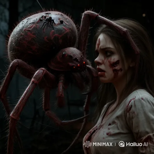 Tense Encounter: Girl Paralyzed by Approaching Giant Spider – AI Generated Video | Hailuo AI