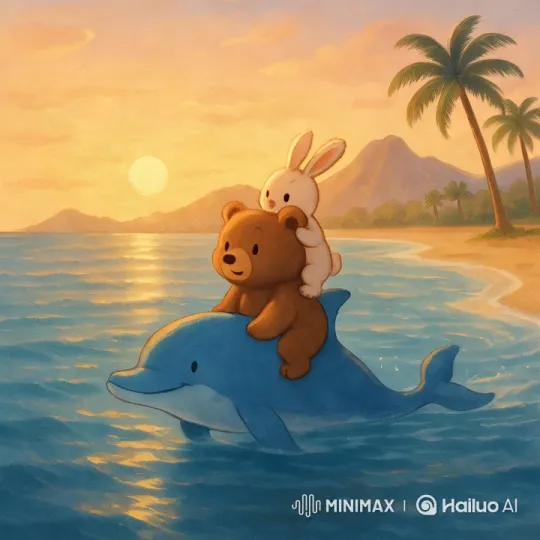 Dolphin Carries Teddy and Bunny on Serene Sunset Ride – AI Generated Video | Hailuo AI